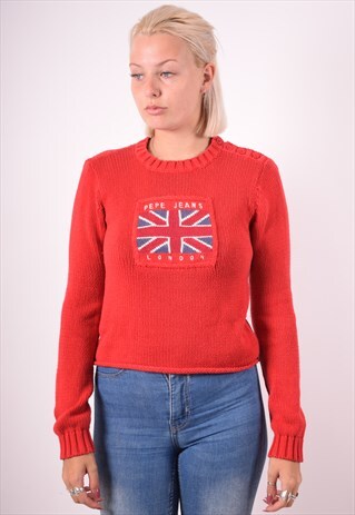PEPE JEANS WOMENS VINTAGE JUMPER SWEATER MEDIUM RED 90S