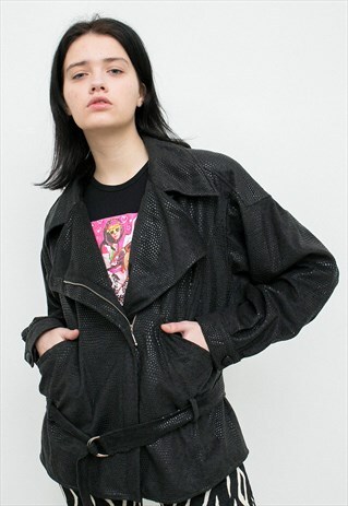 VINTAGE JACKET BLACK BELTED CROCODILE SKIN PATTERN COLLARED