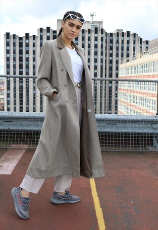 90S GREY HERRINGBONE, DOUBLE BREASTED COAT VELVET COLLAR