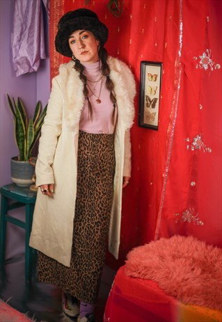 VINTAGE WHITE FAUX FUR AND WOOLEN LONG JACKET