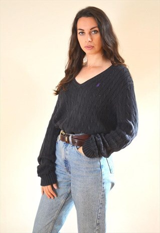 90S VINTAGE RALPH LAUREN BLACK CABLE KNIT V NECK JUMPER