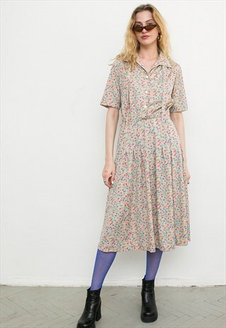 VINTAGE BEIGE PATTERN 80S BUTTON UP SHIRT MIDI DRESS