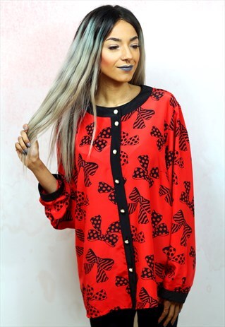 1980S VINTAGE RED BOW PRINT SILKY BUTTON UP BLOUSE