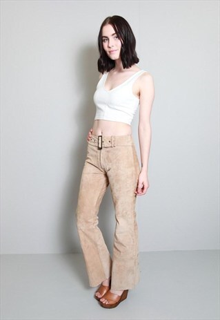 INTAGE 1970'S BEIGE BELTED SUEDE FLARED TROUSERS