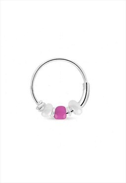 Sterling Silver Hoop With White and Pink Beads Unisex