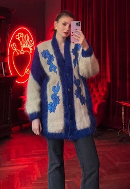 Oversized Lined Fuzzy Mohair Cardigan with Embroidery