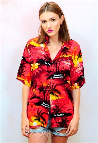 1990S VINTAGE RED HAWAIIAN VISCOSE OVERSIZED SHIRT
