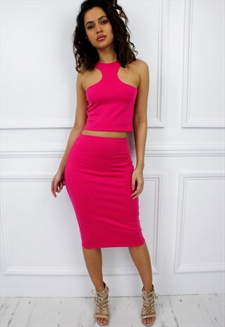 WOMENS LADIES 2 PIECE SKIRT TOP MIDRIFF MIDI BODYCON DRESS