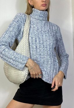 Vintage Y2k Knitted Polo Neck Jumper Sweater Blue White
