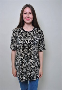Abstract pattern black blouse, 90s pullover summer top