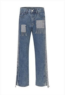 Reworked jeans distressed grunge denim pants in medium blue