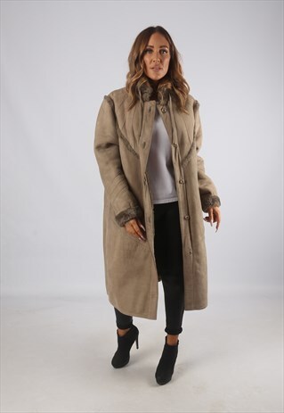 VINTAGE SHEEPSKIN SUEDE SHEARLING COAT MID LONG UK 18 (J9AF)