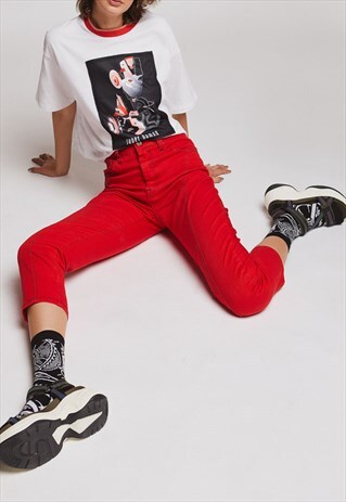 RED DENIM HIGH WAIST TROUSERS
