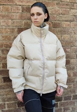 Faux leather quilted bomber rubber feel padded jacket cream