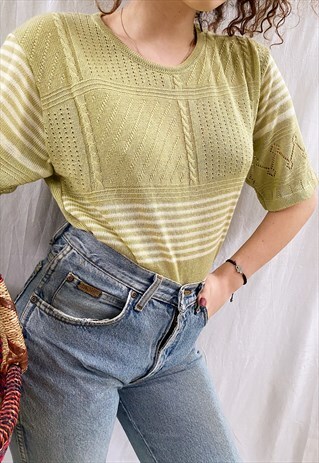 VINTAGE 80S OLIVE GREEN STRIPED PATTERN KNITTED BLOUSE TOP