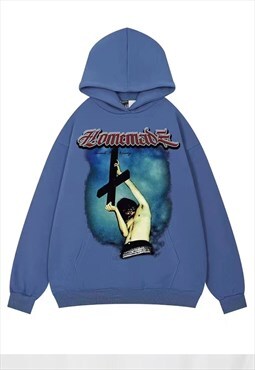 Punk hoodie cross print pullover retro rock band top in blue