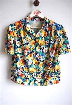Vintage Womens Yellow flower Colorful Blouse Short sleeves
