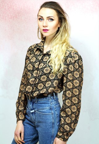 1980S VINTAGE BROWN PATTERN LONG SLEEVE SILKY BLOUSE