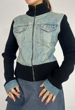 Vintage 90S Jumper Jacket Denim Knit Cuffs Zip Up Boho Y2k