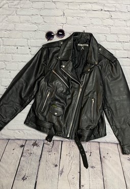 Vintage Black Leather Biker Jacket Size 18