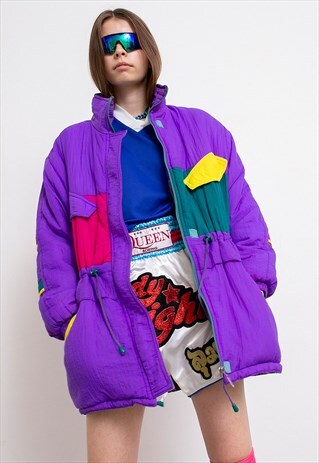 VINTAGE PUFFER SKI JACKET BRIGHT PURPLE ABSTRACT MULTICOLOR