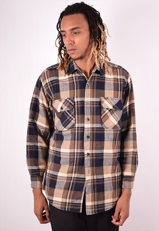 MENS VINTAGE FLANNEL SHIRT LARGE BROWN CHECK 90S
