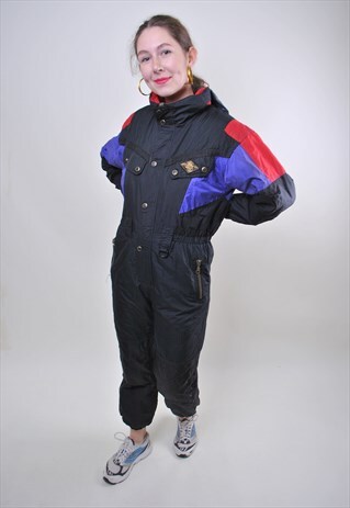 VINTAGE OLYMPIC GAMES SKI SUIT, WOMAN BLACK RETRO SNOW SUIT