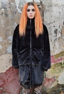 Long fleece coat faux fur hooded bomber long trench in black