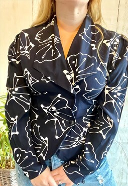 Vintage Dark Blue Shell Patterned Peplum 80's Top