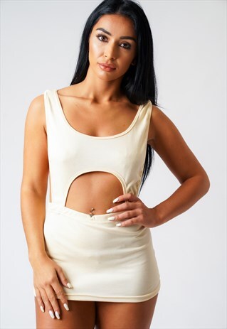 MILEY BEIGE FRONT & BACK CUT OUT MICRO MINI DRESS