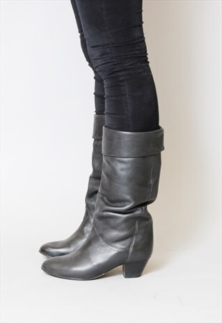 VINTAGE 1980'S BLACK FOLD OVER LEATHER BOOTS