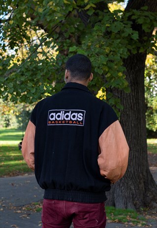 RARE ADIDAS BASKETBALL BLACK & ORANGE WOOL SUEDE BOMBER
