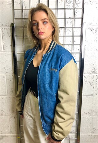 VINTAGE DENIM VARSITY JACKET WORKER COAT BOMBER BASEBALL