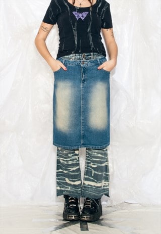 Vintage Y2K Denim Midi Skirt in Stonewashed Jeans Blue