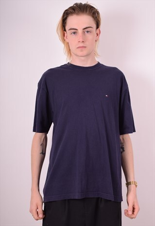 TOMMY HILFIGER MENS VINTAGE T-SHIRT TOP LARGE BLUE 90S