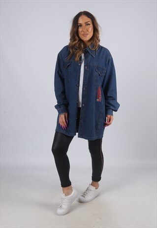 VINTAGE DENIM SHIRT STYLE JACKET OVERSIZED LONG UK 16 (DW2B)