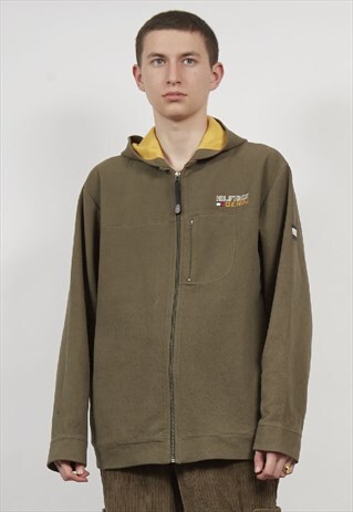 VINTAGE 90'S TOMMY HILFIGER KHAKI FLEECE HOODED JACKET