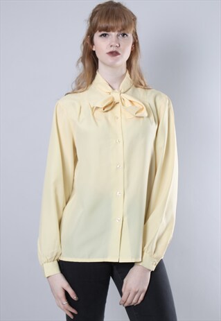 VINTAGE 70S LEMON YELLOW TIE NECK BLOUSE TOP