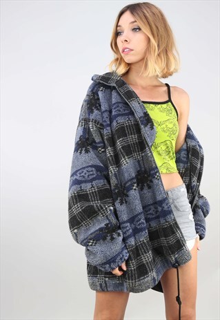 VINTAGE OVERSIZED PATTERNED ZIP UP TEDDY SHERPA FLEECE