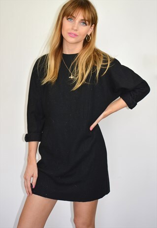 VINTAGE 90S LBD BLACK WOOL BATWING SLEEVE MINI DRESS