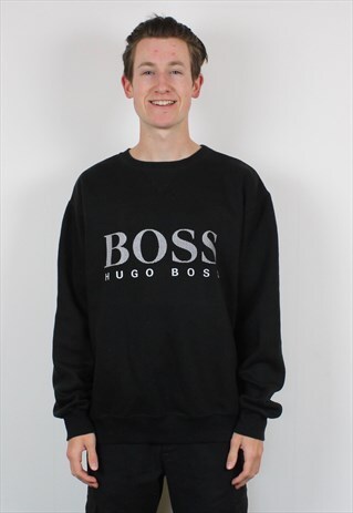 VINTAGE HUGO BOSS SWEATSHIRT IN BLACK WITH PRINTED LOGO