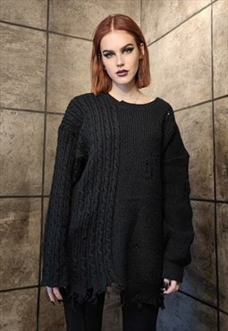 Asymmetric sweater knitted ripped jumper punk top in black