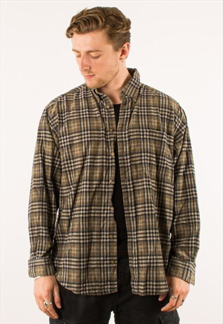 VINTAGE NAVY BEIGE CHECKERED CORDUROY SHIRT