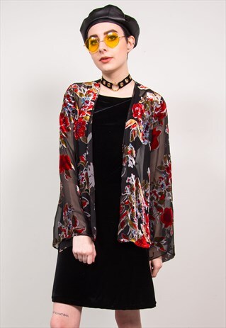 VINTAGE 90'S BLACK SHEER FLORAL VELVET BEADED PRINT KIMONO
