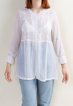 Vintage 70s Boho Semi Sheer Bell Shape White Blouse M