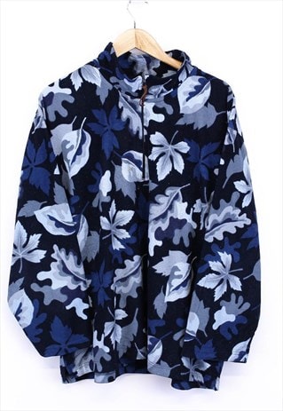 VINTAGE ABSTRACT FLEECE NAVY WITH LEAF PATTERNS ZIP UP 