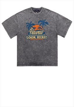 Hawaii t-shirt vintage poster print tee 90s retro top grey