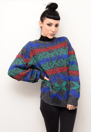 VINTAGE 90'S ABSTRACT INDIE PATTERNED SLOUCHY JUMPER