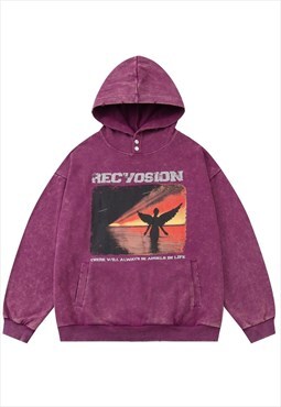 Angel print hoodie utility pullover vintage wash top purple