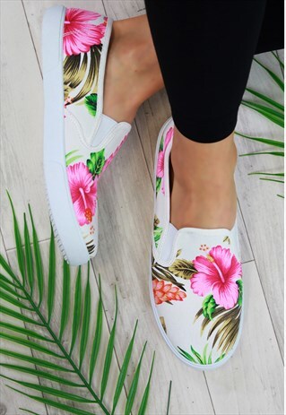 TROPICAL WHITE SLIP ON FLAT PUMPS SNEAKERS